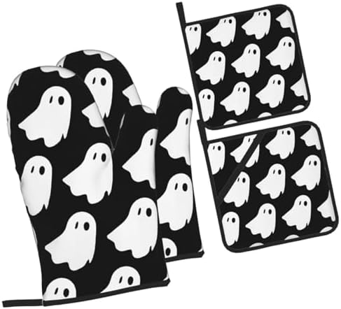 Cute White Halloween Pattern Oven Mitts and Pot Holders Set