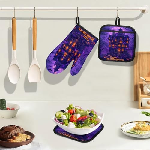 TropicalLife Halloween Oven Mitts and Pot Holders 4 Pcs Set
