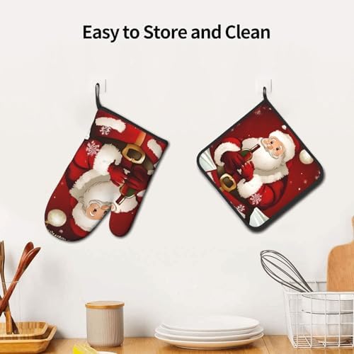 Merry Christmas Santa Claus Printed Oven Mitts and Pot Holders 2pcs Set