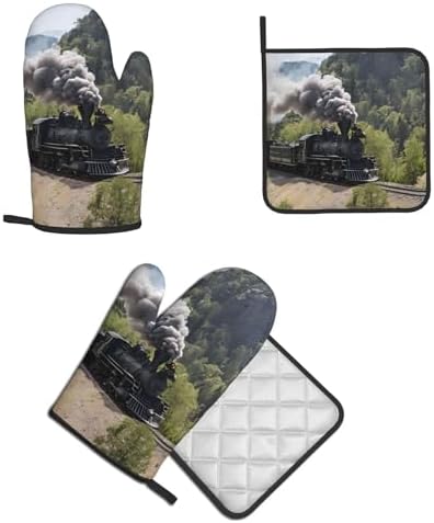 Steam Locomotive Train Printed Oven Mitts and Pot Holders 2 Piece Set
