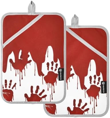 Ourvii 2-Piece Bloody Hand Print Pot Holder Set Heat Resistant Kitchen Pots