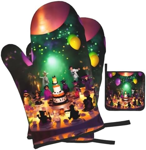 Halloween Party Oven Mitts and Pot Holders Set - Durable Heat Resistant Kitchen Gear