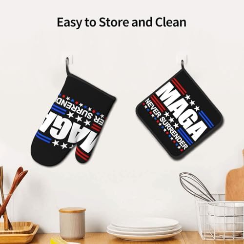 Mraefoa Trump 2024 MAGA Never Surrender Heat-Resistant Oven Mitts Pot Holders Set