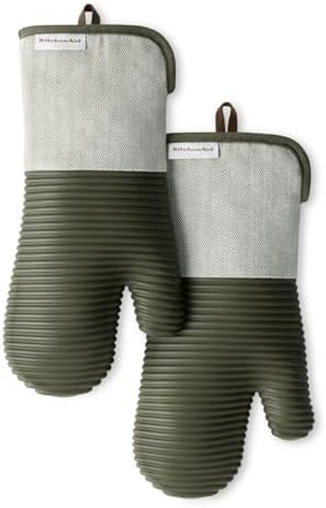 Two-Piece Heat Resistant Silicone Oven Mitts Deep Forest Green 7x14