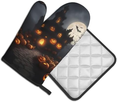 Halloween Pumpkin Print Heat-Resistant Oven Mitts Set Safe for Cooking BBQ