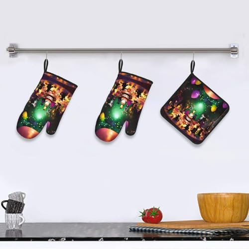 Halloween Party Oven Mitts and Pot Holders Set - Durable Heat Resistant Kitchen Gear