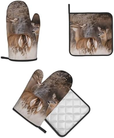 Free Whitetail Deer Printed Oven Mitts Pot Holders Set - Heat-Resistant Kitchen Potholders