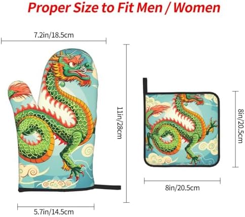 Sturdy Dragon-Themed Heat-Resistant Oven Mitts Set of 3