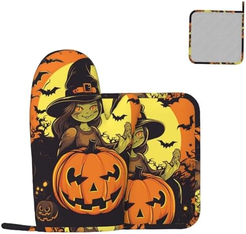 2 pcs Halloween Pumpkin Witch Oven Mitts Set
