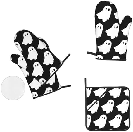 Cute White Halloween Pattern Oven Mitts and Pot Holders Set