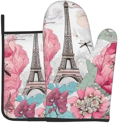 Retro Dragonfly French Tower Printed Oven Mitts and Pot Holders Set of 2