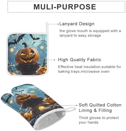 Halloween Oven Mitts Pot Holders - 3-Piece Set withFlying Bats Design