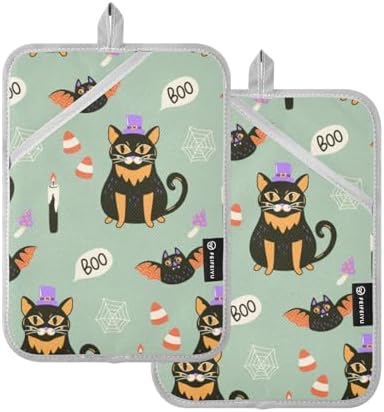 Ourvi 2Pcs Halloween Cute Black Cat Potholders with Pockets Mitts Set