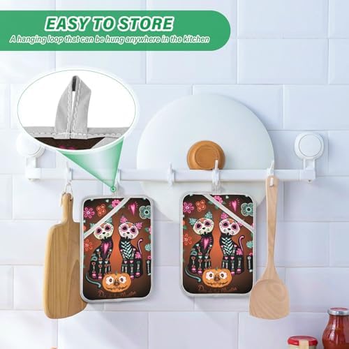 2-Piece Halloween Cats Pot Holder Set with Pockets for Oven Use
