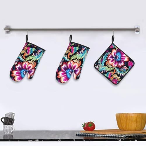 DXTKWLEthnic Vivid Colorful Oven Mitts Set Heat-Resistant
