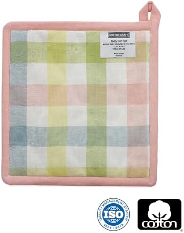 COTTON CRAFT Quilted Oven Mitt Potholder Set Gingham Buffalo Check Heat Resistant