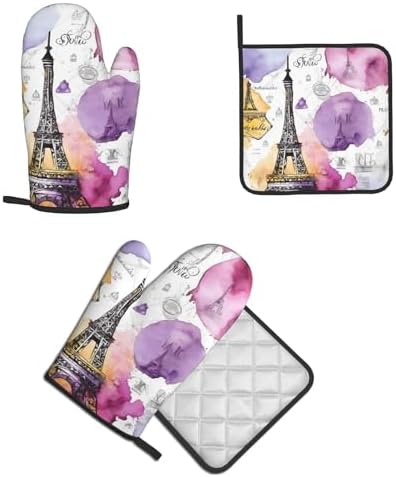French Parisian Eiffel Tower Oven Mitts Pot Holders Set