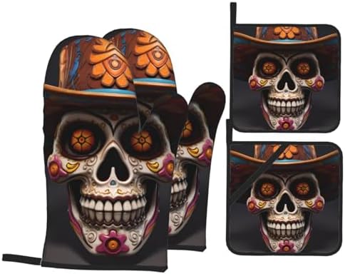 4-Piece Waterproof Oven Mitt Set Heat-Resistant Mexican Halloween Skull Prints
