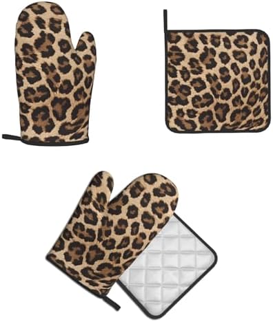 Leopard Pattern Oven Mitts Pot Holders Heat-Resistant Durable