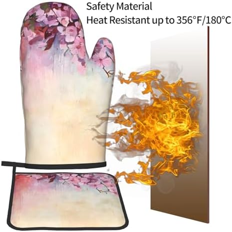 Elegant Oven Mitts Set Cherry-Printed Non-Slip Pots Pans