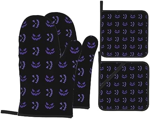 Halloween Purple Scary Ghost Oven Mitts and Pot Holders Sets of 4