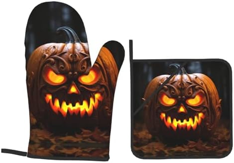 Halloween Spooktacular Pumpkin Print Oven Mitts Pot Holders Set