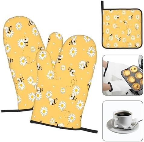 DXTKWL Oven Mitts Set of 3 Yellow Bee Daisy