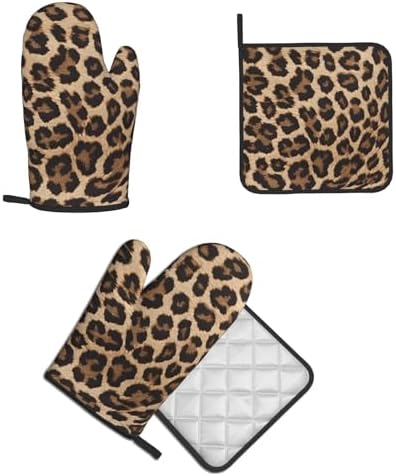 Leopard Pattern Oven Mitts Pot Holders Heat-Resistant Durable