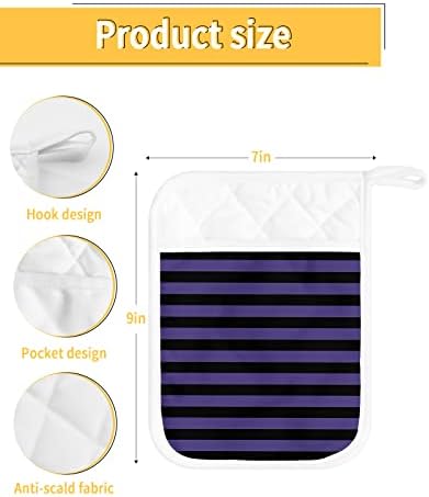 Halloween Striped Purple Potholders Set Oven Mitts for Kitchen Heat-Resistant Black