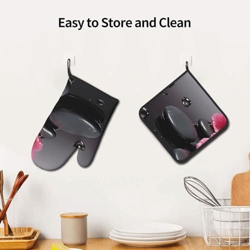 Multi-Use Oven Mitts and Pot Holders Set with Stone and Rose Pattern