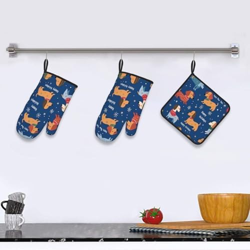 Dachshund Christmas Oven Mitts Potholders Set - Heat-Resistant and Non-Slip