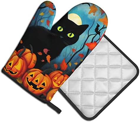 Dewoofly Black Cat Halloween Oven Mitts and Pot Holders Set