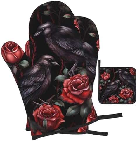 DXTKWL Halloween Rose Crows Oven Mitt Set of 3