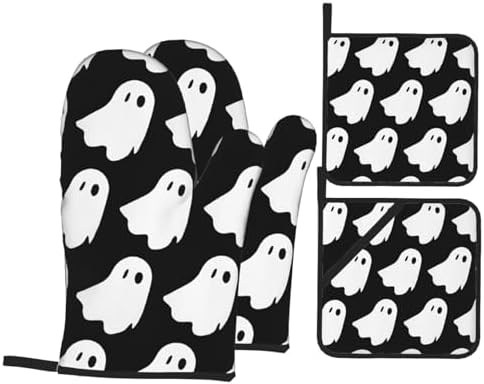 Cute White Halloween Pattern Oven Mitts and Pot Holders Set