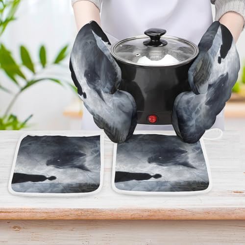 Oven Mitts and Pot Holders Set Halloween Cat 4pcs