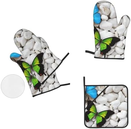 Quopvn Blue Butterfly Green Stone Oven Mitt Set