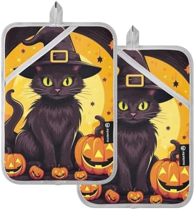 Festive Halloween Black Cat Potholders Set - Heat-Resistant Unique Design