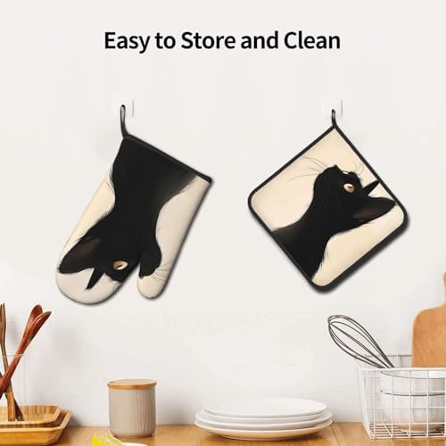 Halloween Black Cat Oven Mitts and Pot Holders Set