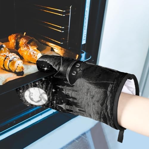 Witch Cat Halloween Oven Mitts Pot Holders Set