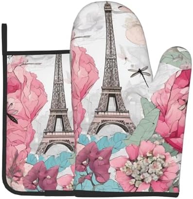 Retro Dragonfly French Tower Printed Oven Mitts and Pot Holders Set of 2