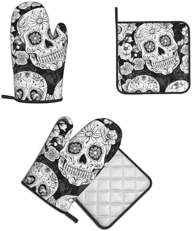 Floral Skull Oven Mitts Set Heat-Resistant Kitchen Potholders