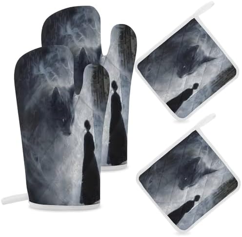 Oven Mitts and Pot Holders Set Halloween Cat 4pcs