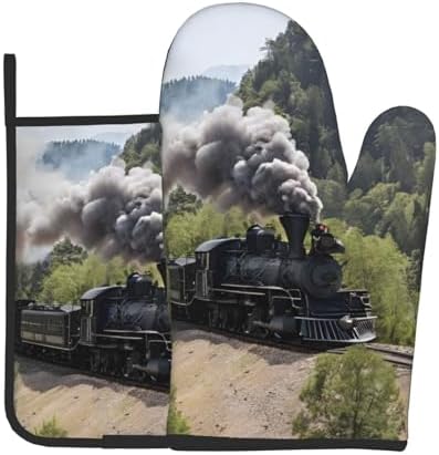Steam Locomotive Train Printed Oven Mitts and Pot Holders 2 Piece Set