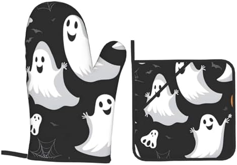 Oven Mitts Set of 4 with Heat-Resistant Black and Halloween Ghost Prints