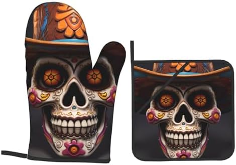 4-Piece Waterproof Oven Mitt Set Heat-Resistant Mexican Halloween Skull Prints