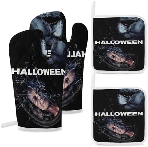 Oven Mitts Pot Holders Set Halloween Michael Myers Gloves for Cooking Baking