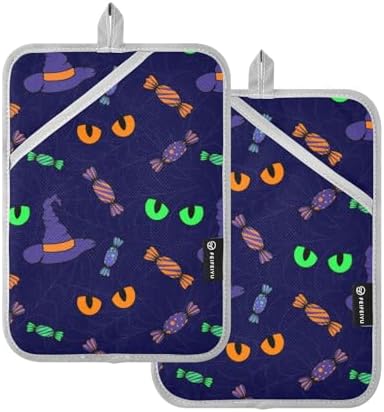 OURVII 2Pcs Halloween Cat Eye Pot Holders Non-Slip with Pockets