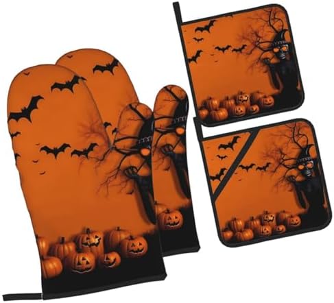 XHHRRDNZ Orange Halloween Oven Mitts and Pot Holders Set of 4