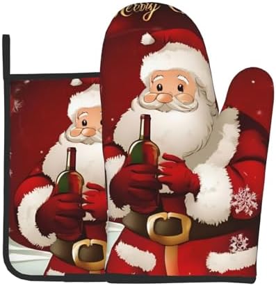 Merry Christmas Santa Claus Printed Oven Mitts and Pot Holders 2pcs Set