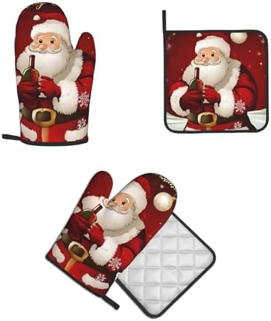 Merry Christmas Santa Claus Printed Oven Mitts and Pot Holders 2pcs Set